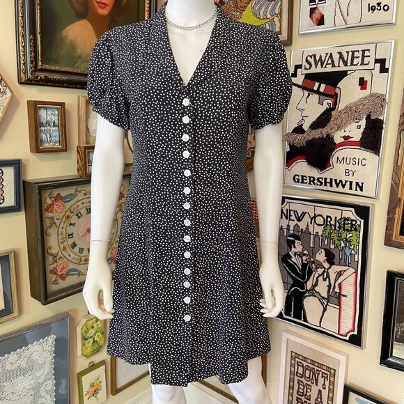 90s Vintage Styleworks Black & White Polka Dot Button-Front Dress Size M - Picture 1 of 4